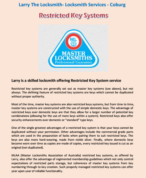 Restricted Key System- Locksmiths Huntingdale