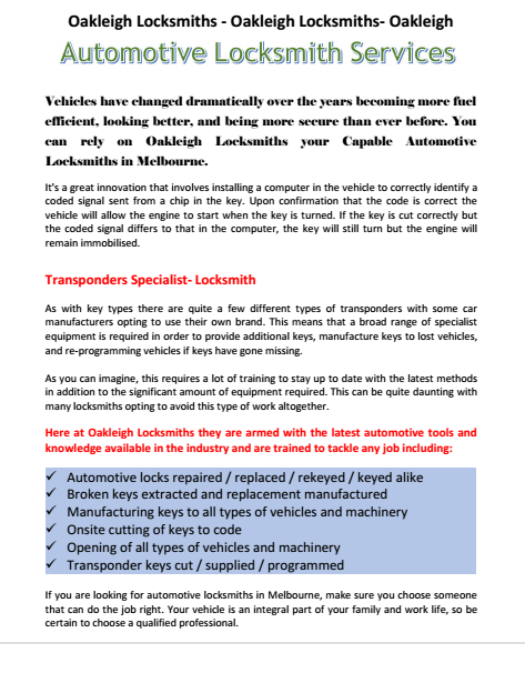 Automotive Locksmith Services Oakleigh